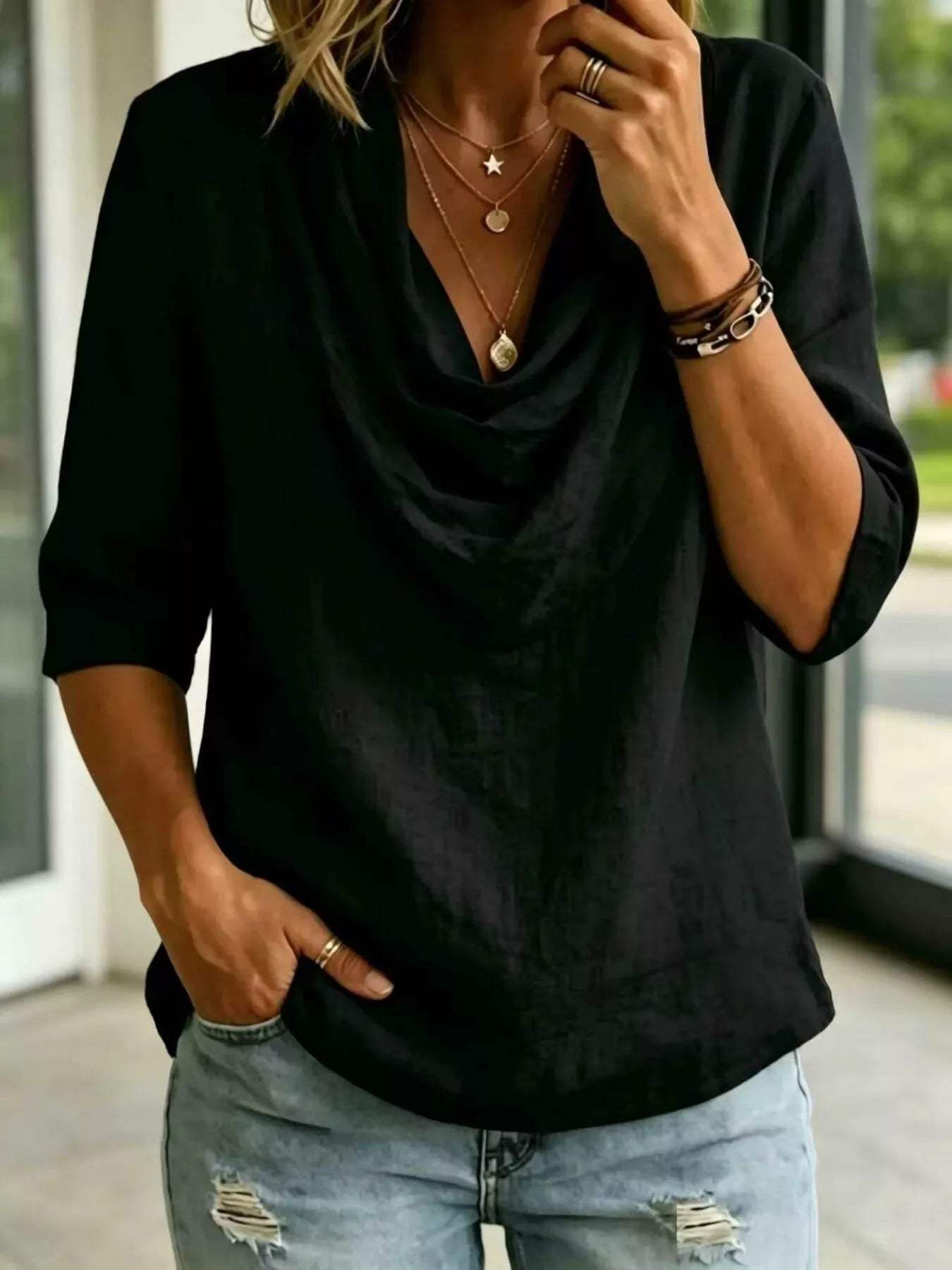 Full Size Cowl Neck 3/4 Sleeve Top Plus Size - Trendsi - Flyclothing LLC