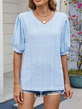 Puff Sleeve V-Neck Eyelet Lace T-Shirt - Trendsi - Flyclothing LLC