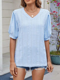 Puff Sleeve V-Neck Eyelet Lace T-Shirt - Trendsi - Flyclothing LLC