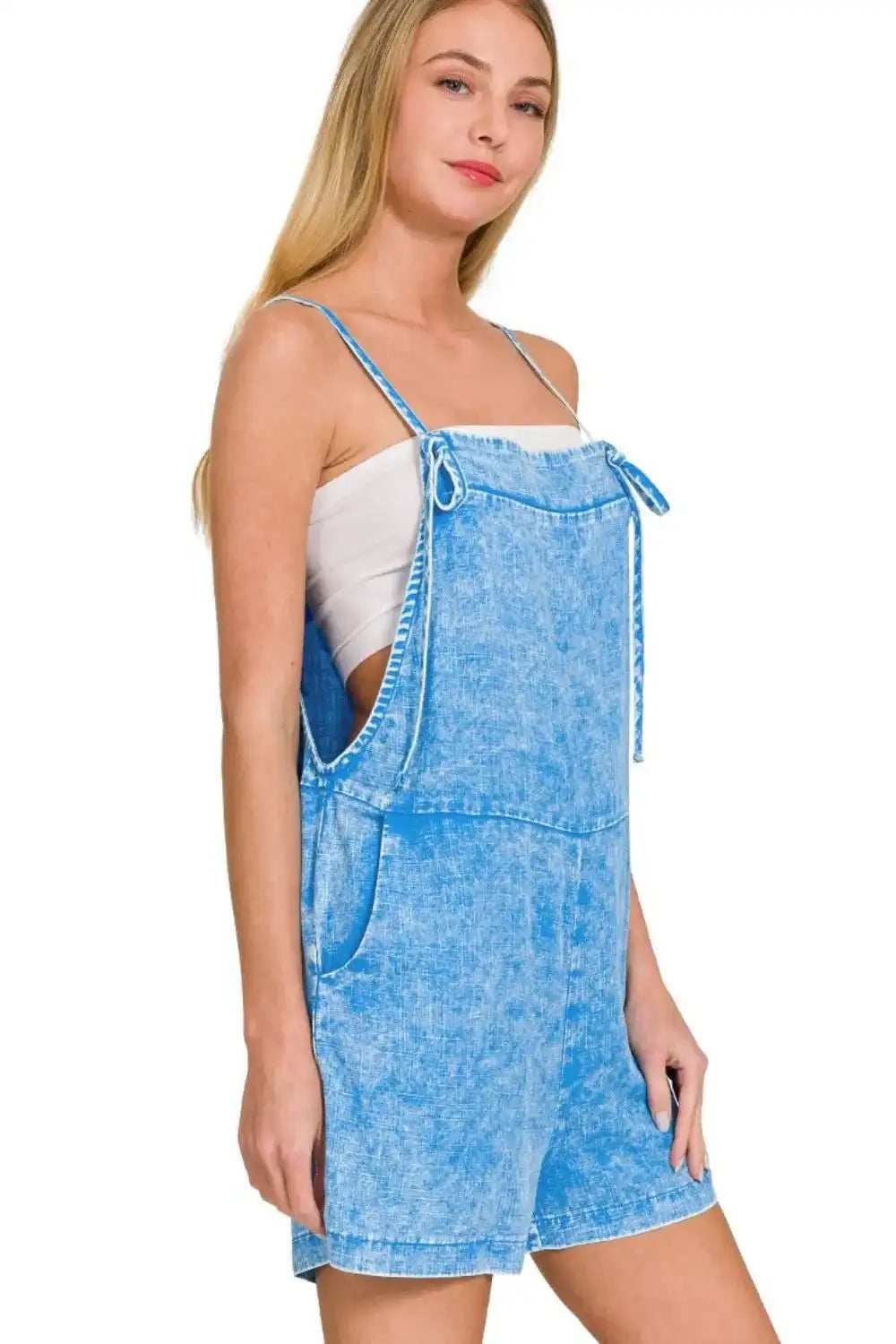 Zenana Washed Linen Knot Strap Rompers - Trendsi - Flyclothing LLC