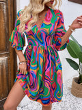 Ruffled Printed V-Neck Half Sleeve Mini Dress - Trendsi