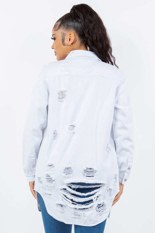 American Bazi Distressed Button Up Long Sleeve Denim Jacket - Trendsi - Flyclothing LLC