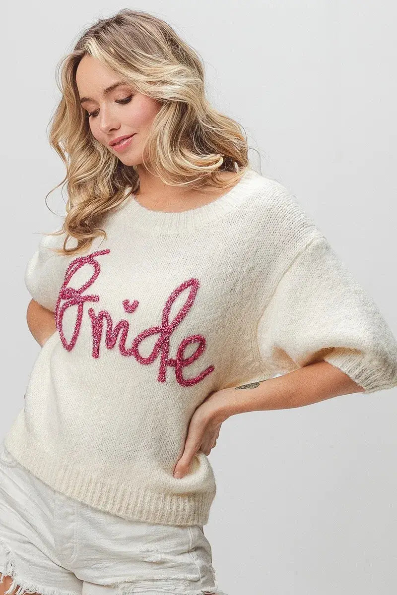 BiBi Metallic Letter Short Puff Sleeve Hairy Sweater - Trendsi - Flyclothing LLC