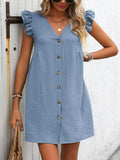 Button Up V-Neck Cap Sleeve Mini Dress - Trendsi - Flyclothing LLC