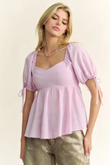 Davi & Dani Solid Elastic Peplum Puffed Sleeves Blouse - Trendsi - Flyclothing LLC