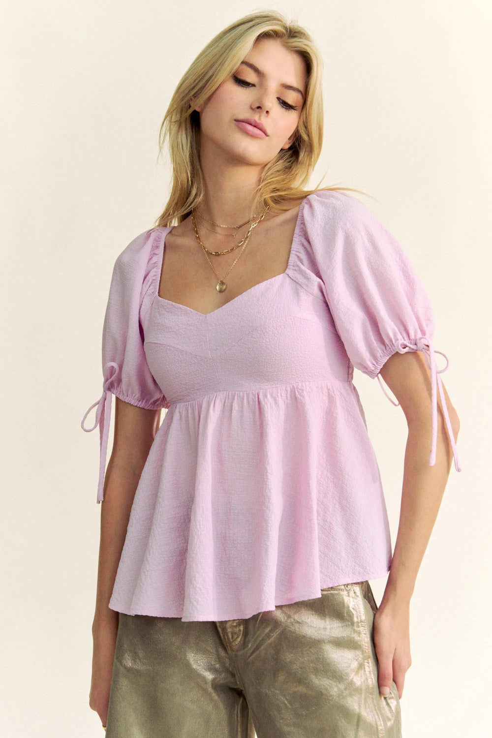 Davi & Dani Solid Elastic Peplum Puffed Sleeves Blouse - Trendsi - Flyclothing LLC