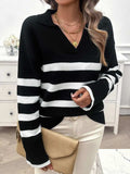 Striped Collared Neck Long Sleeve Sweater - Trendsi - Flyclothing LLC