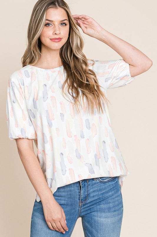 BOMBOM Round Neck Puff Short Sleeve Blouse - Trendsi - Flyclothing LLC