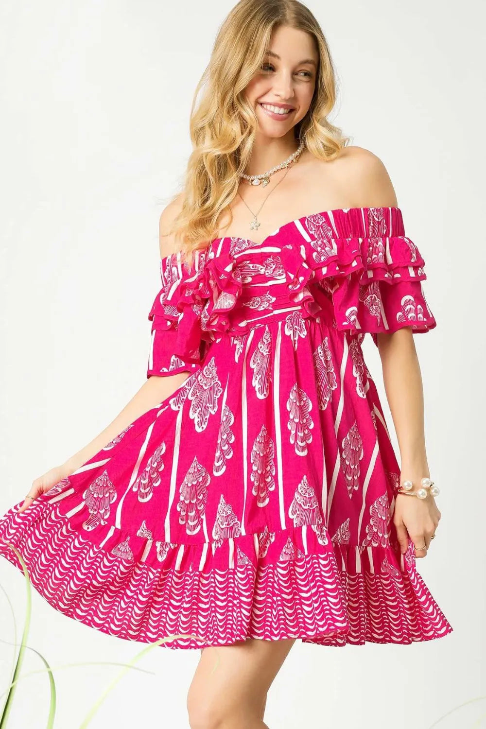 Umgee Off-Shoulder Paisley Print Ruffled Mini Dress - Trendsi