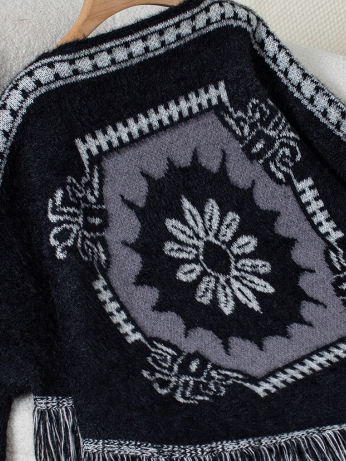 Fringe Geometric Long Sleeve Poncho - Trendsi