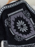 Fringe Geometric Long Sleeve Poncho - Trendsi