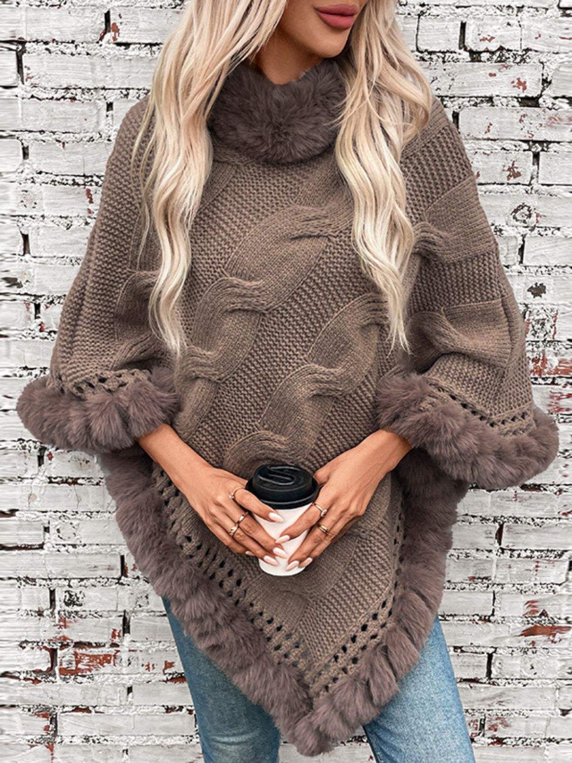 Fuzzy Hem Cable-Knit Poncho - Trendsi - Flyclothing LLC
