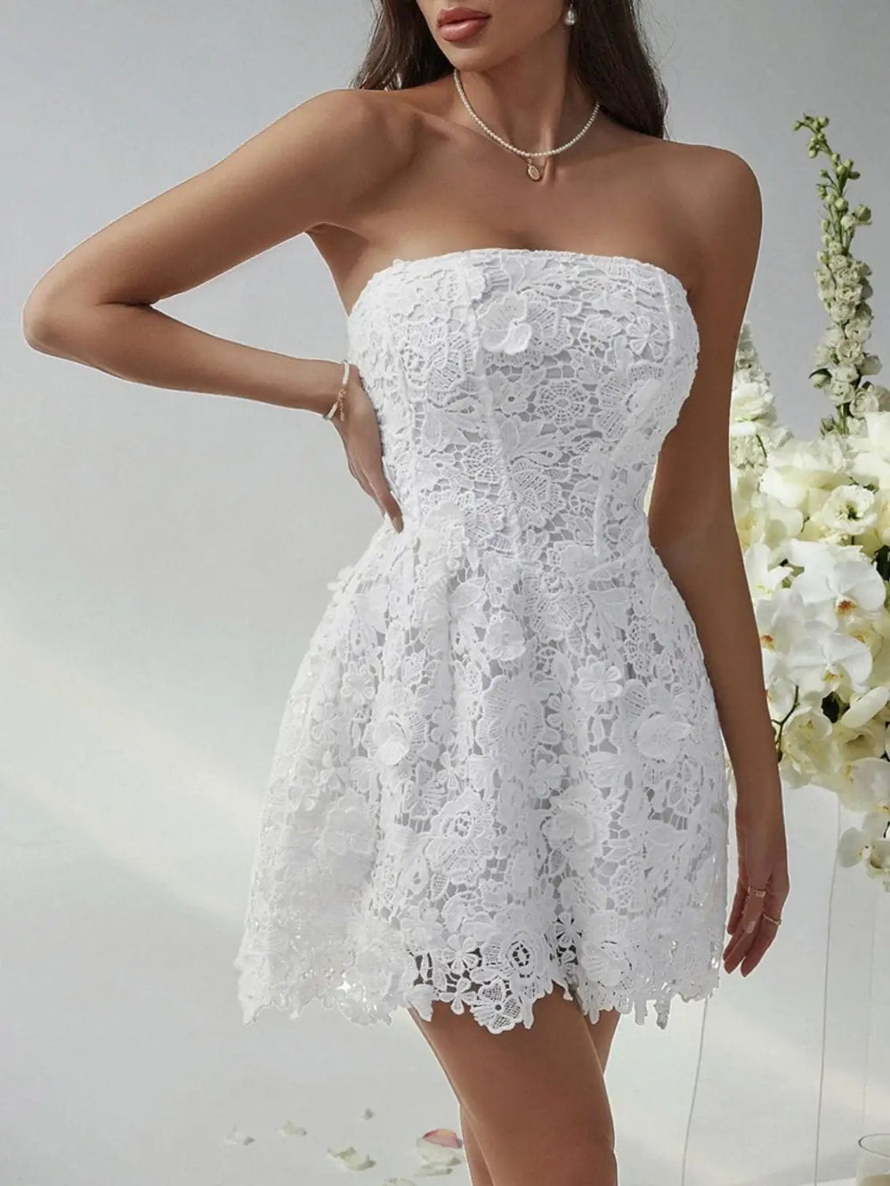 Devine Lace-Up Tube Lace Mini Dress - Trendsi