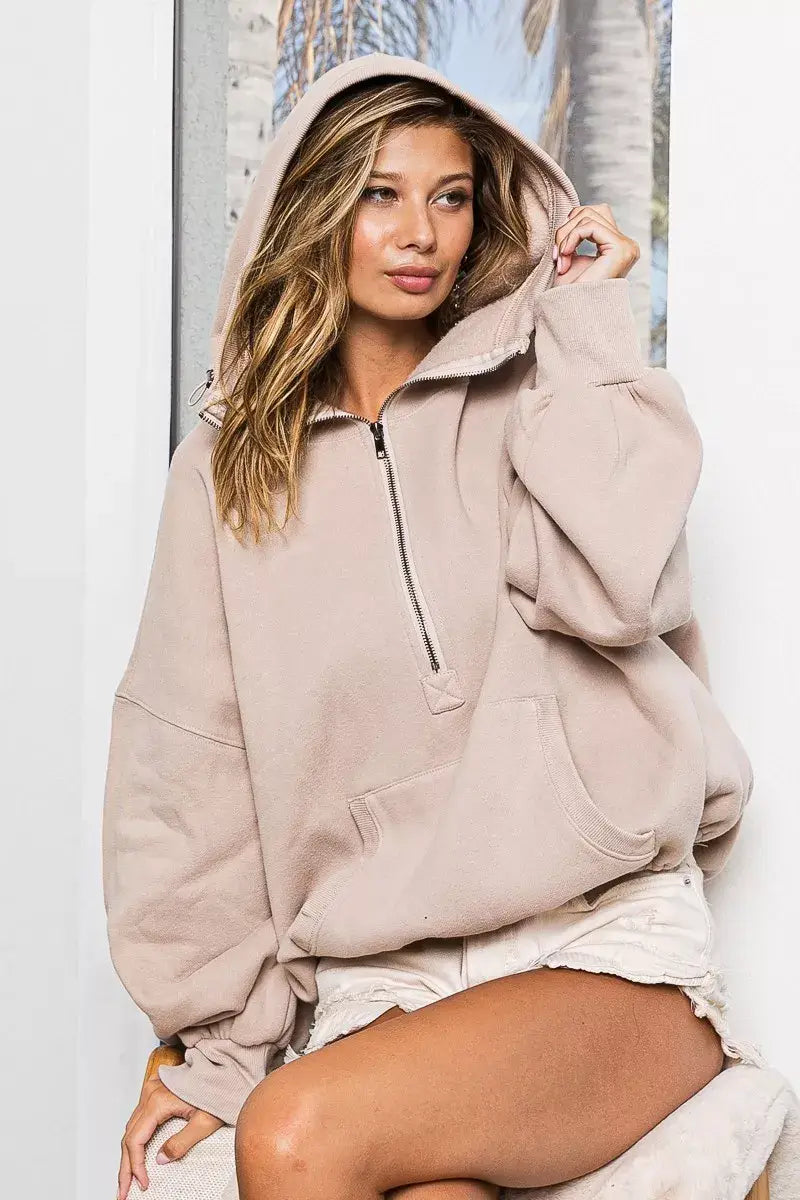 BiBi Stitch Detailed Elastic Hem Half Zip Fleece Hoodie - Trendsi - Flyclothing LLC