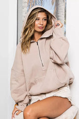 BiBi Stitch Detailed Elastic Hem Half Zip Fleece Hoodie - Trendsi - Flyclothing LLC