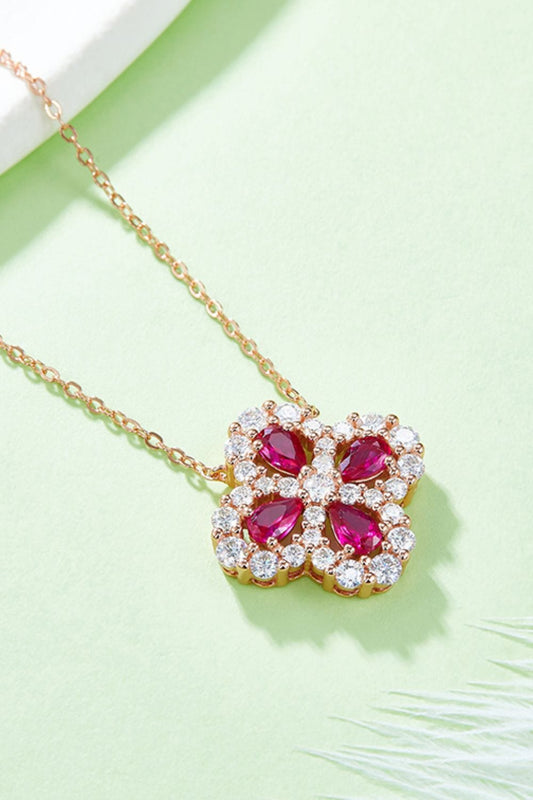 925 Sterling Silver Lab-Grown Ruby Flower Shape Necklace - Trendsi