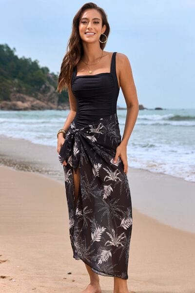 Square Neck Printed One-Piece Swimwear and Cover Up Swim Set - Trendsi