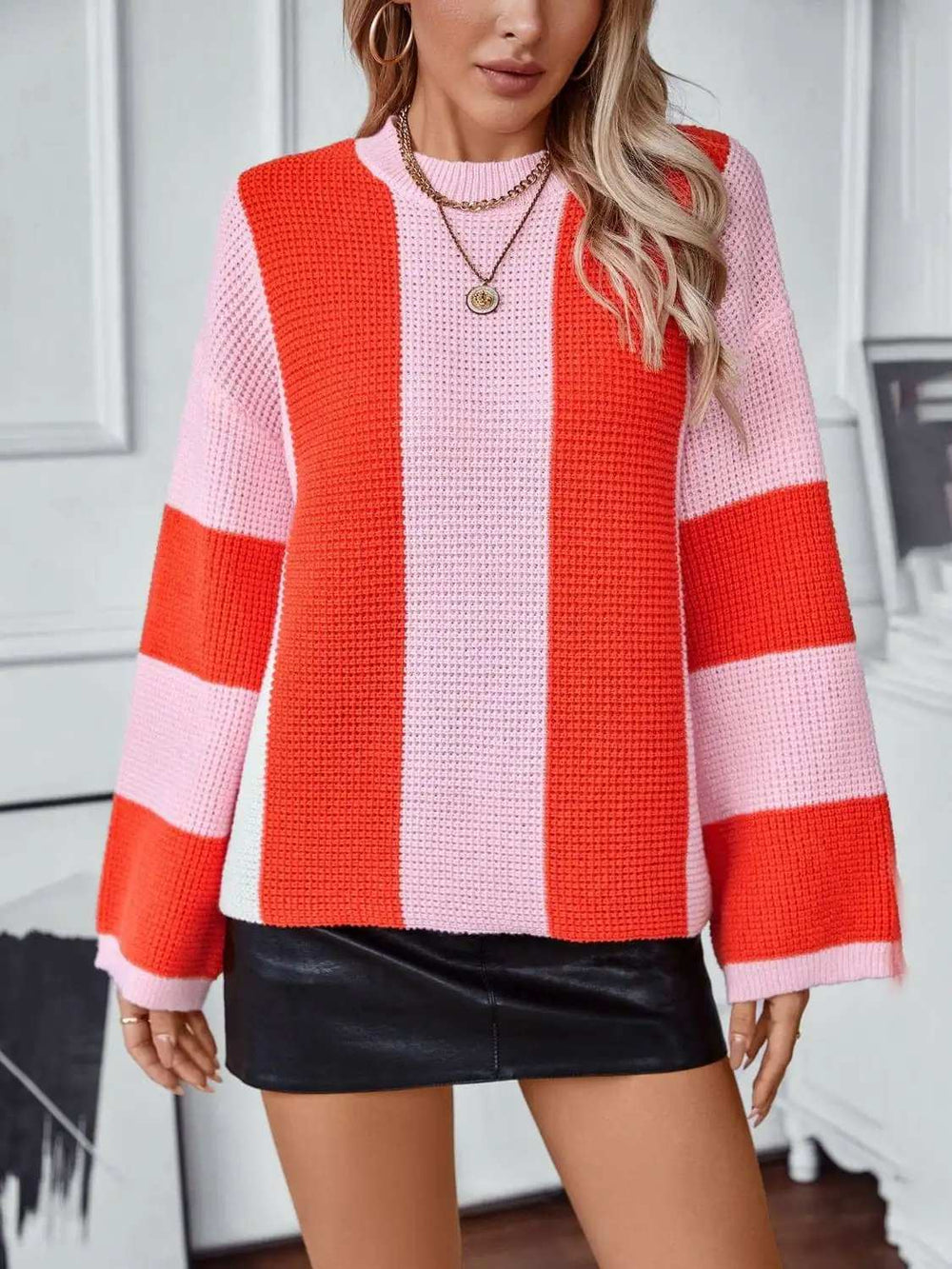 Color Block Round Neck Long Sleeve Sweater - Trendsi - Flyclothing LLC