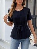 Tied Pleated Round Neck Short Sleeve Top - Trendsi - Flyclothing LLC