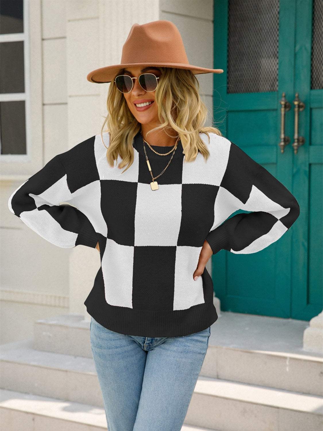 Angel Wings Checkered Round Neck Dropped Shoulder Sweater - Trendsi - Flyclothing LLC