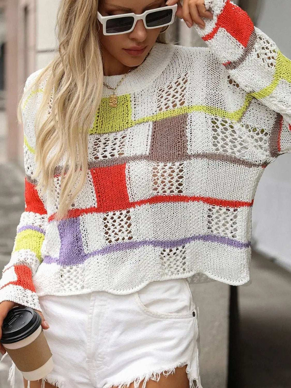Openwork Color Block Round Neck Sweater - Trendsi - Flyclothing LLC