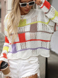 Openwork Color Block Round Neck Sweater - Trendsi