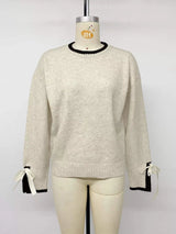 Contrast Trim Ribbed Cuff Tie-Sleeve Sweater - Trendsi - Flyclothing LLC