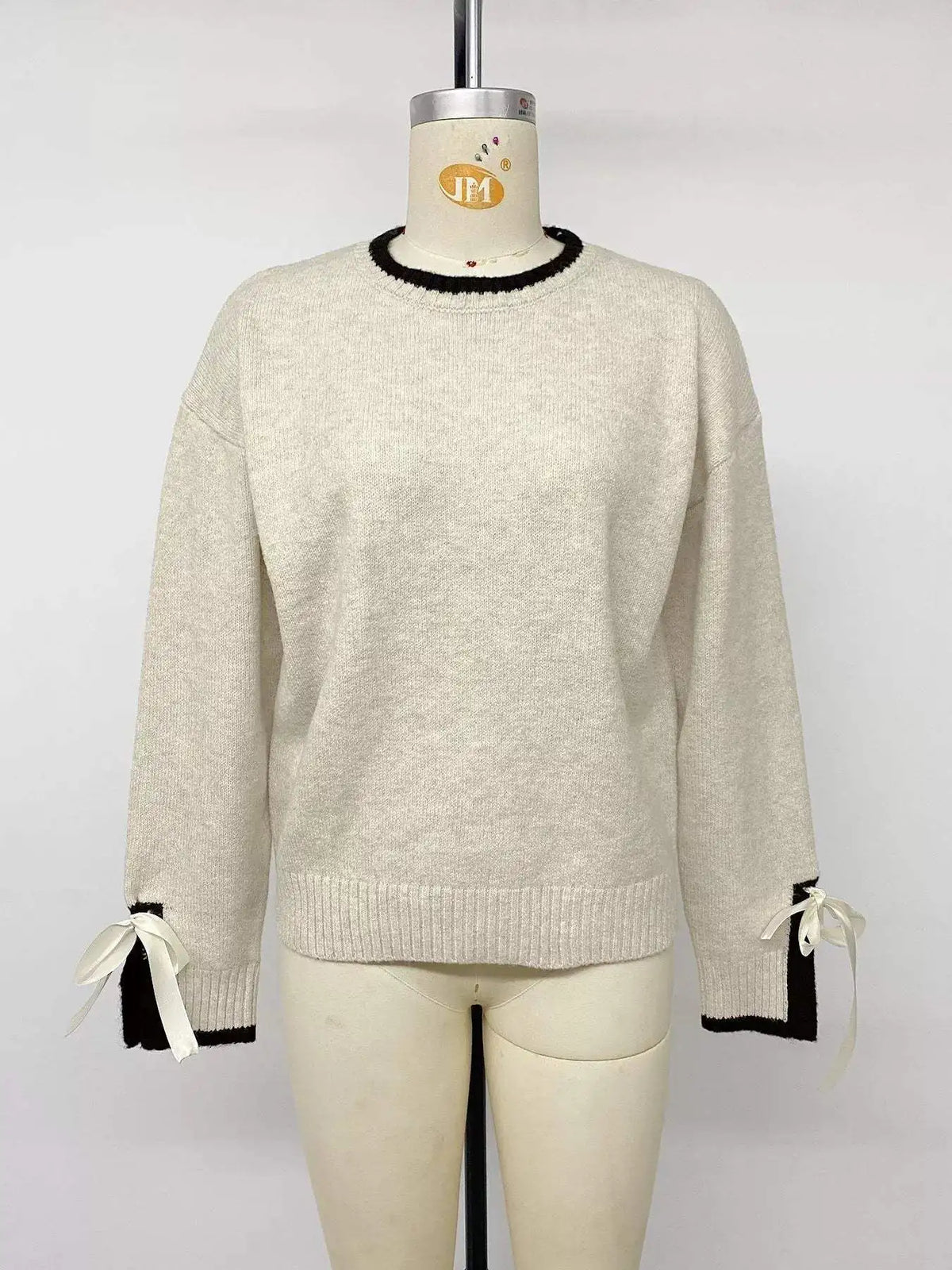 Contrast Trim Ribbed Cuff Tie-Sleeve Sweater - Trendsi - Flyclothing LLC