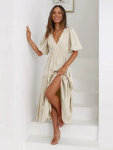 Tiered Surplice Half Sleeve Midi Dress - Trendsi - Flyclothing LLC