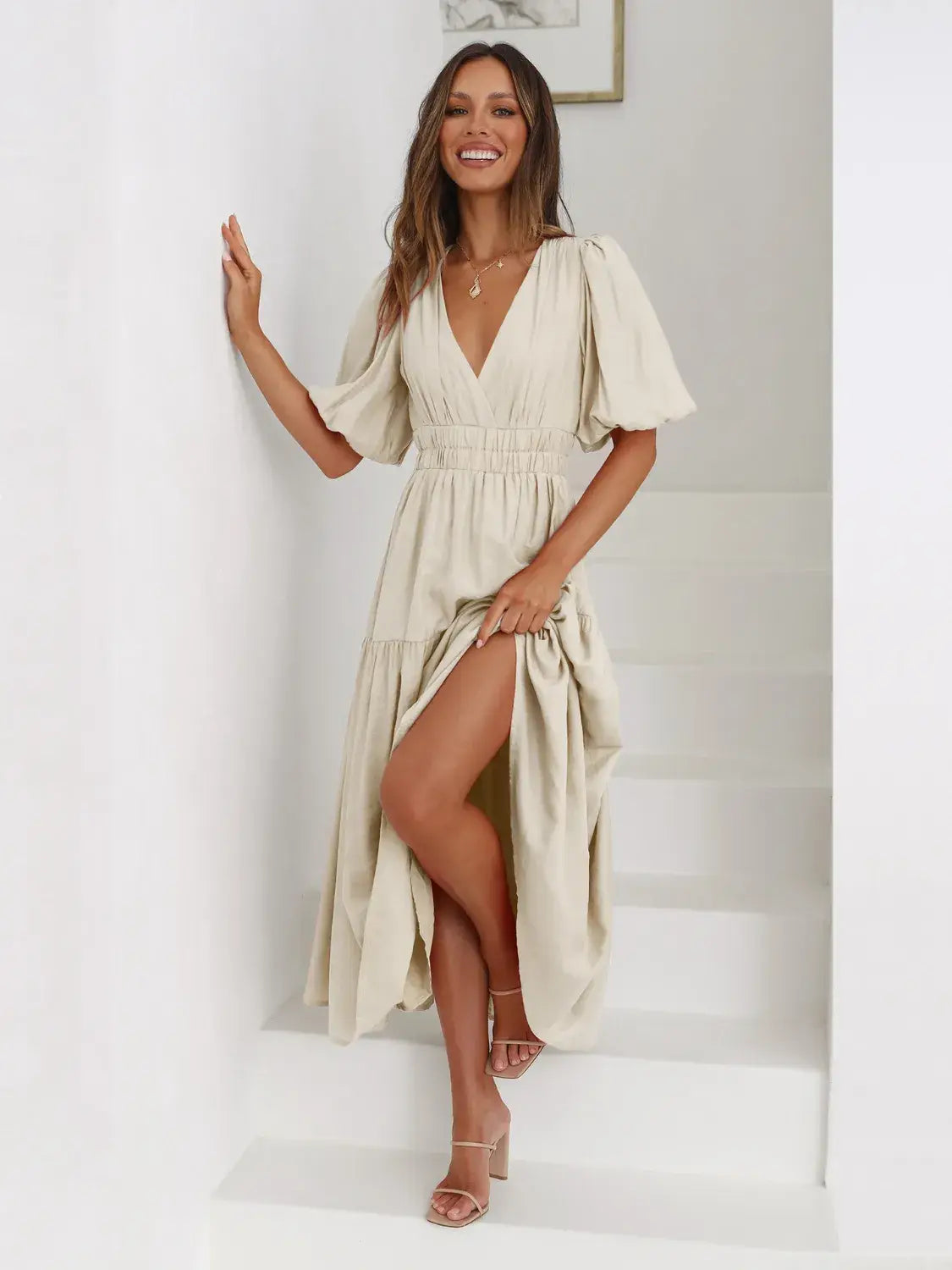 Tiered Surplice Half Sleeve Midi Dress - Trendsi - Flyclothing LLC