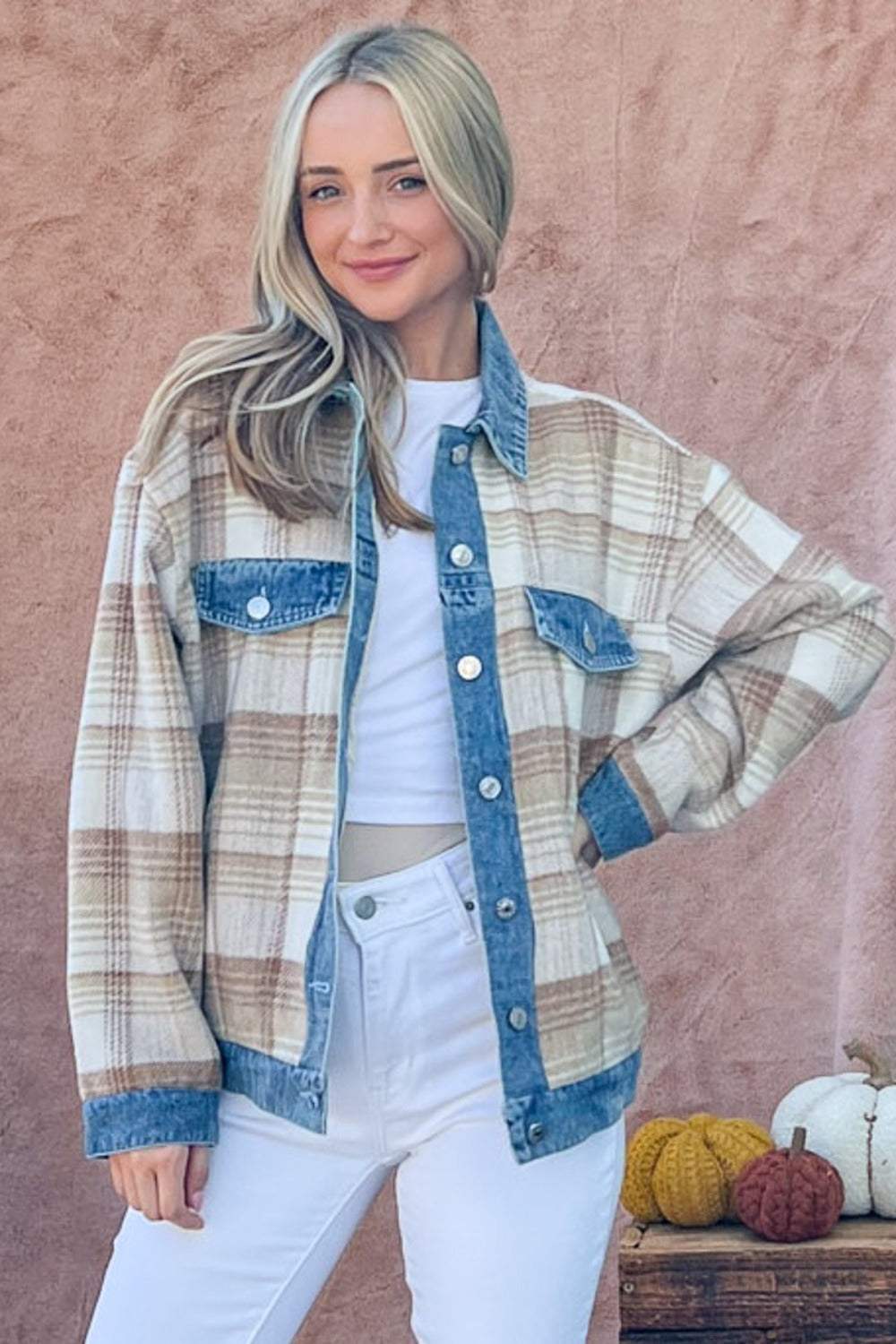 And The Why Full Size Washed Denim Detail Brushed Plaid Jacket - Trendsi - Flyclothing LLC