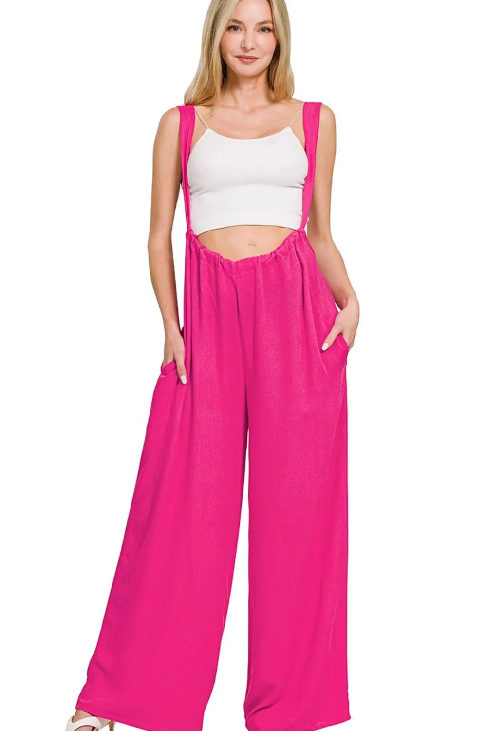 Zenana Woven Tie Back Suspender Jumpsuit - Trendsi