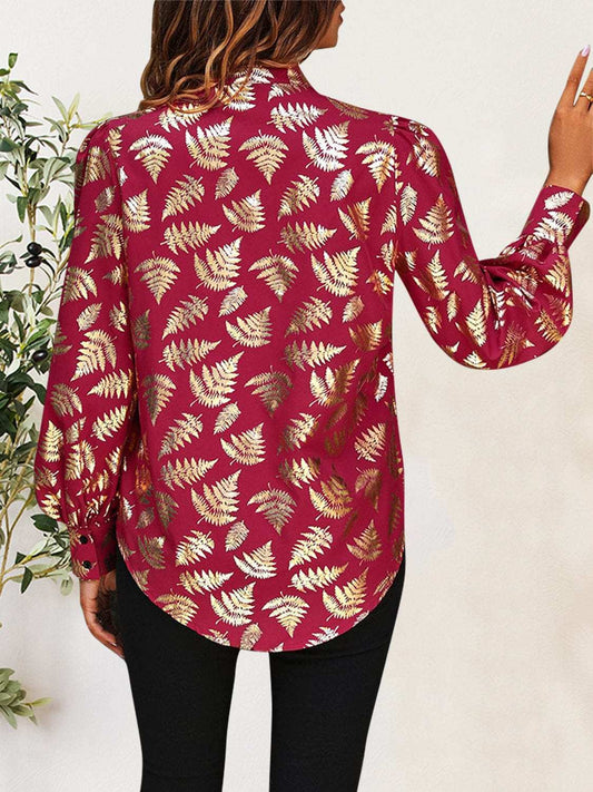 Printed Notched Long Sleeve Shirt - Trendsi - Flyclothing LLC