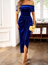 Velvet Off-Shoulder Ruched Midi Dress - Trendsi - Flyclothing LLC
