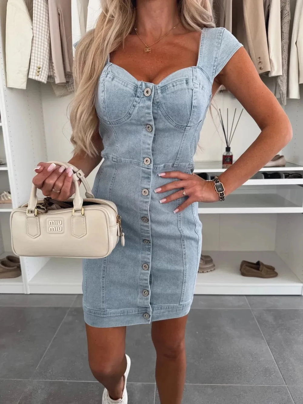 Sweetheart Neck Cap Sleeve Denim Dress - Trendsi