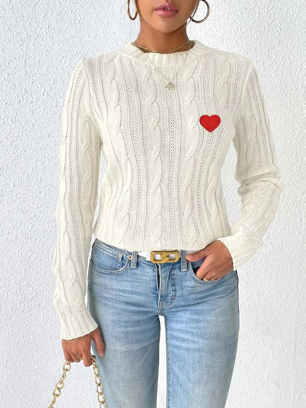 Cable-Knit Heart Round Neck Long Sleeve Sweater - Trendsi - Flyclothing LLC