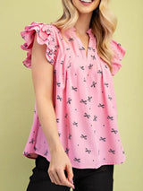 Notched Ruffled Cap Sleeve Blouse - Trendsi - Flyclothing LLC