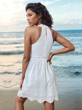 Eyelet Grecian Neck Mini Dress - Trendsi