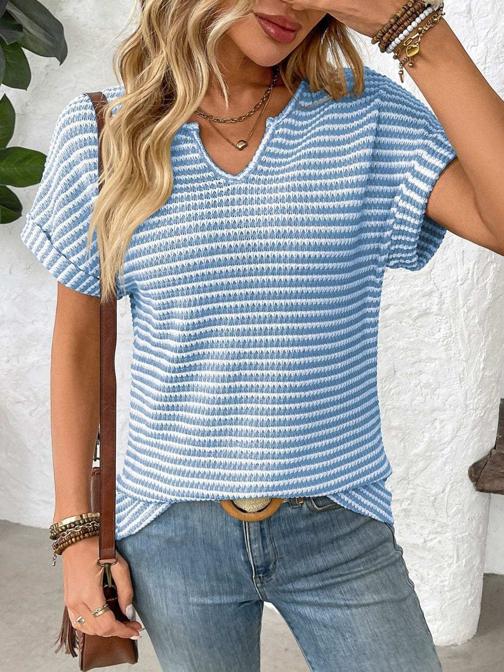 Striped Notched Short Sleeve T-Shirt - Trendsi - Flyclothing LLC