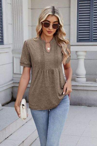 Notched Short Sleeve Top - Trendsi - Flyclothing LLC