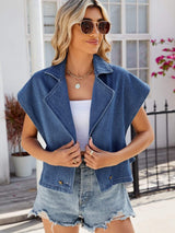 Buttoned Up Collared Neck Denim Top - Trendsi - Flyclothing LLC