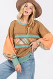 SAGE + FIG Mineral Wash Raw Edge Color Block Sweatshirt - Trendsi