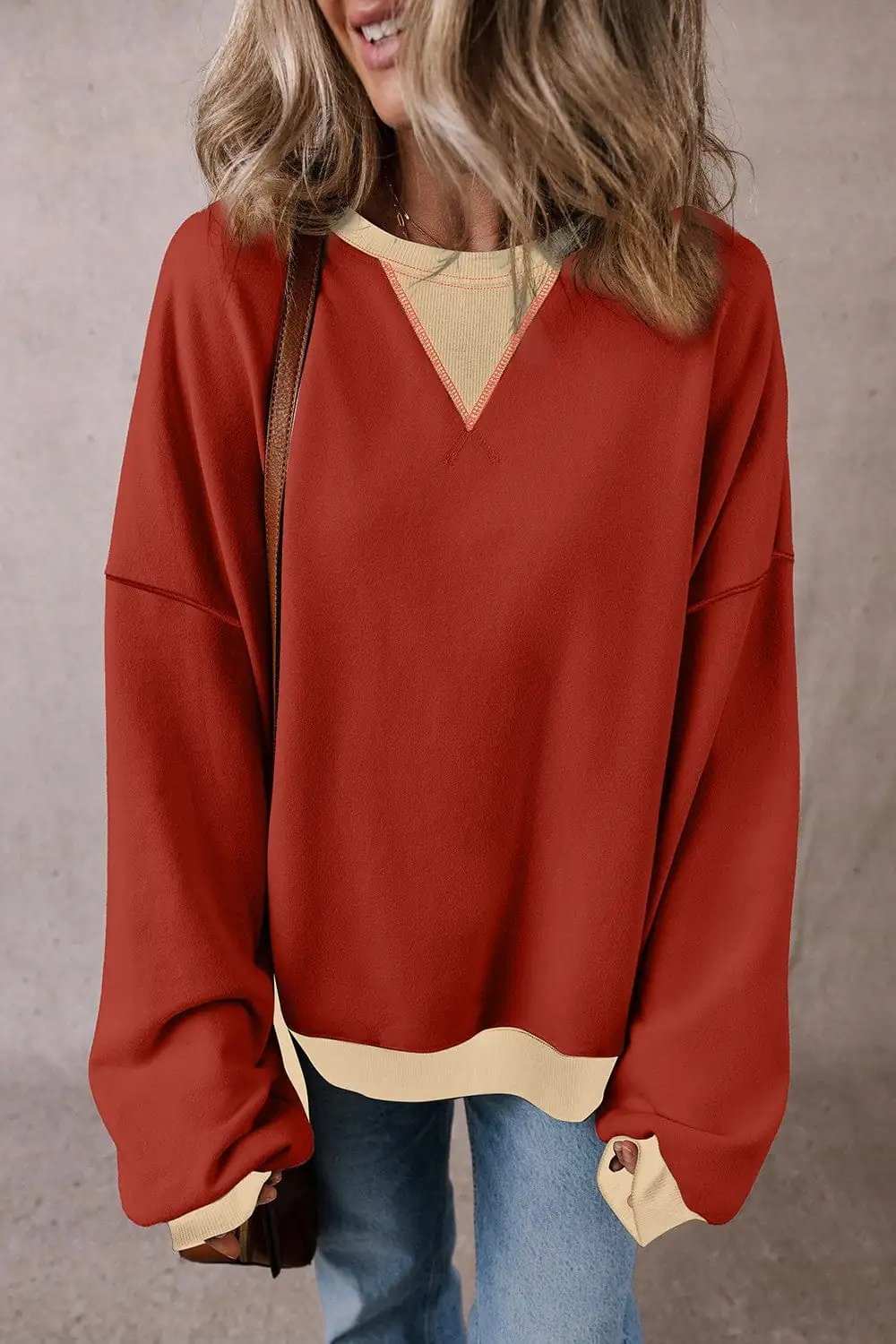 Contrast Round Neck Long Sleeve Sweatshirt - Trendsi - Flyclothing LLC