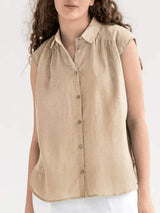 Button Up Collared Neck Cap Sleeve Shirt - Trendsi - Flyclothing LLC