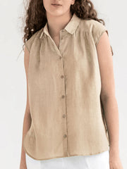 Button Up Collared Neck Cap Sleeve Shirt - Trendsi