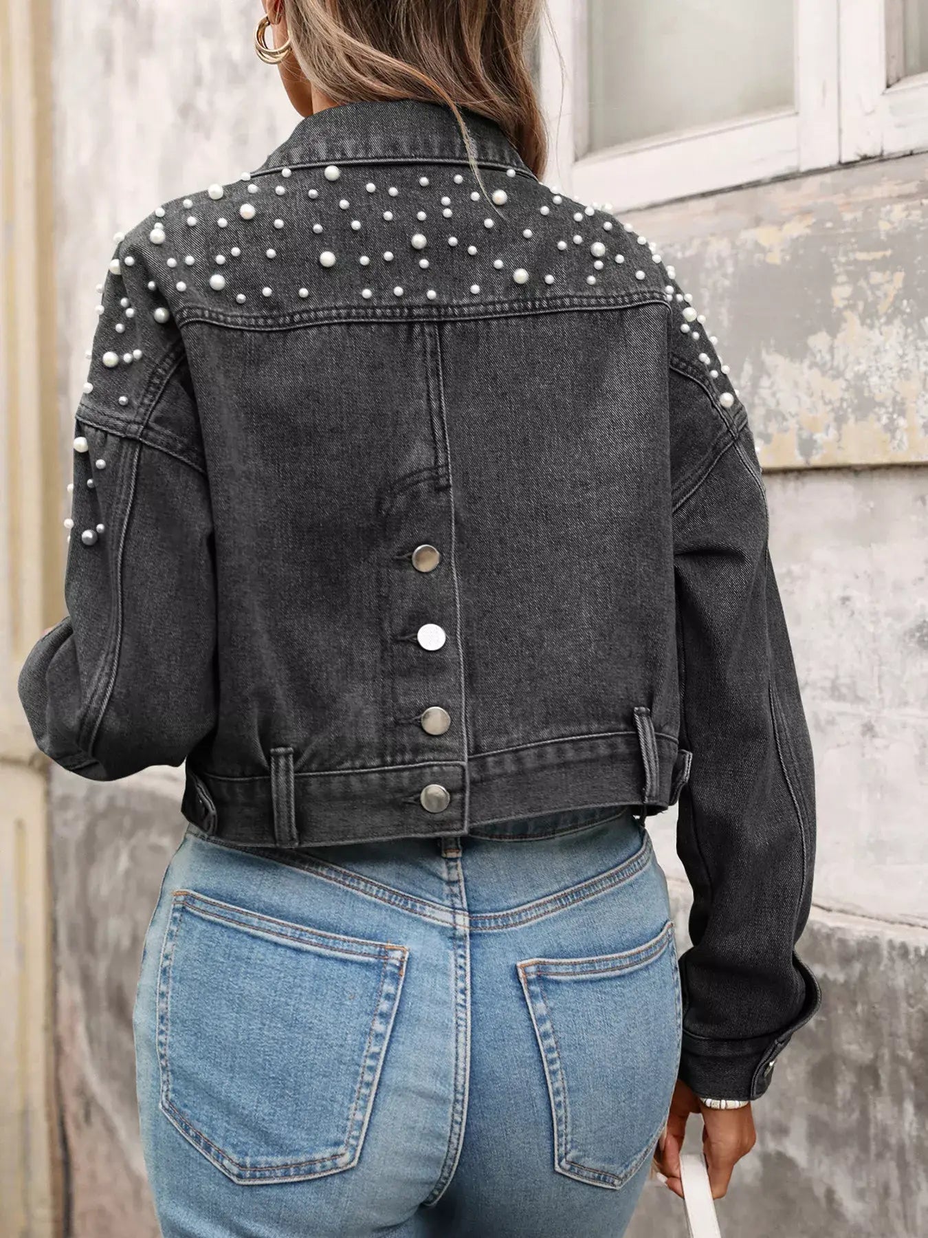Pearl Embellished Cropped Denim Jacket - Trendsi - Flyclothing LLC