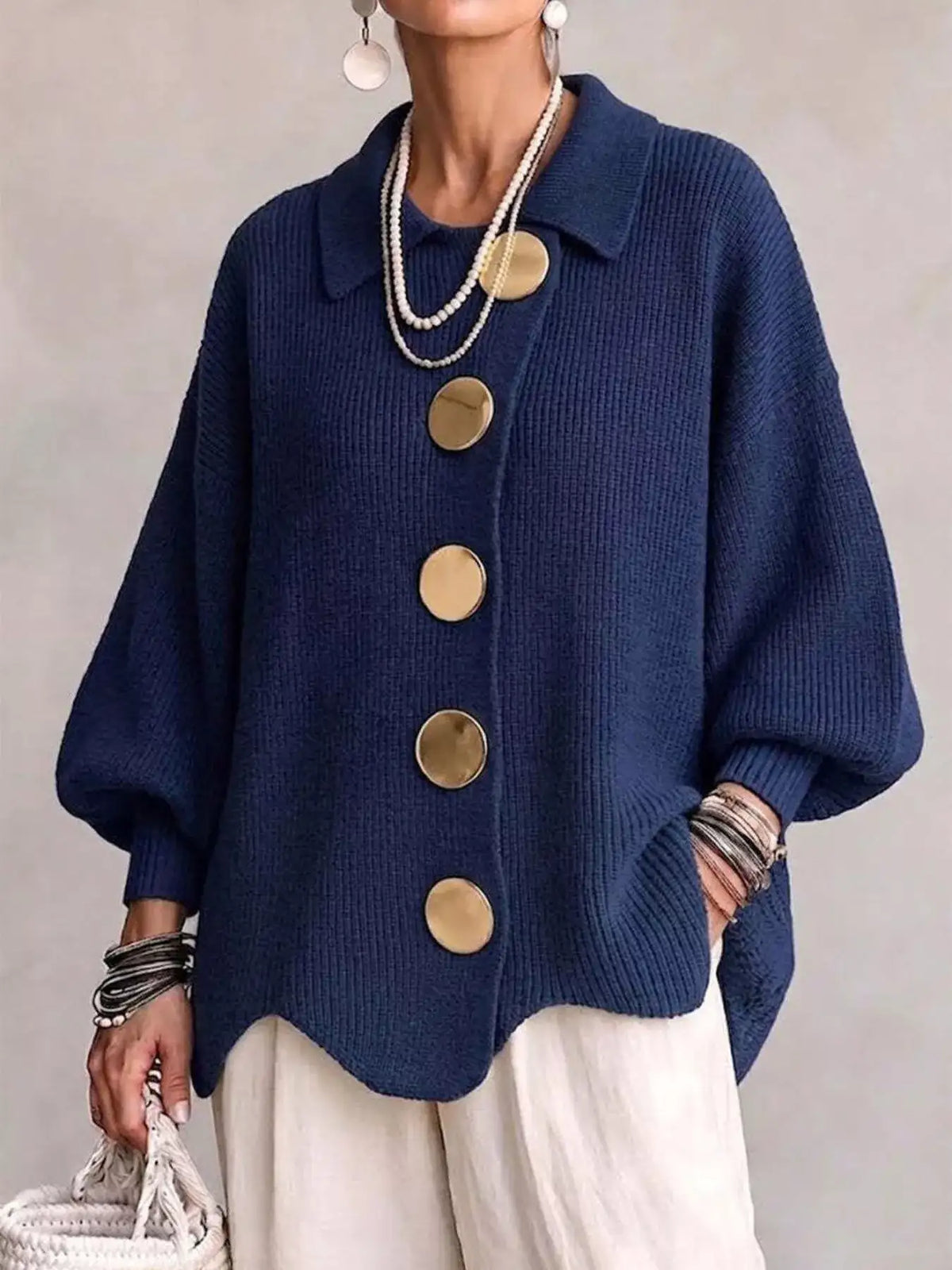 Full Size Gold Buttons Lantern Sleeve Cardigan Plus Size - Trendsi - Flyclothing LLC