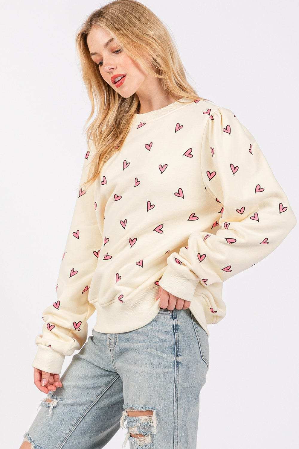 SAGE + FIG Heart Printed Contrast Long Sleeve Sweatshirt - Trendsi - Flyclothing LLC