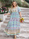 Plus Size Printed Tie Neck Flutter Sleeve Maxi Dress - Trendsi