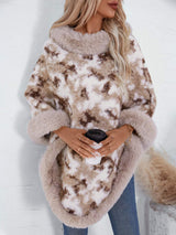 Furry Contrast Three-Quarter Poncho - Trendsi - Flyclothing LLC